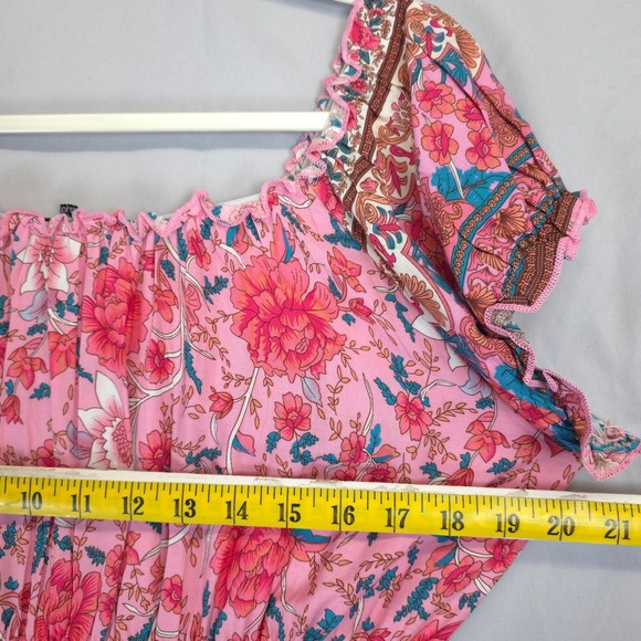 OSTOO Pink Floral Maxi Dress Smocked Bodice Puff Sleeve Boho Women L Feminine - Picture 6 of 10